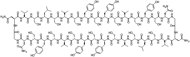 Chemical structure of one of our peptides. The peptides are 34 amino acids in length and backbone cyclic. 
 They are composed of two identical halves, which gives them a 2-fold symmetry axis. 
 In each half, one valine and three tyrosines are conserved. 
 The valine and one of the tyrosines are involved in a cross-strand pair.